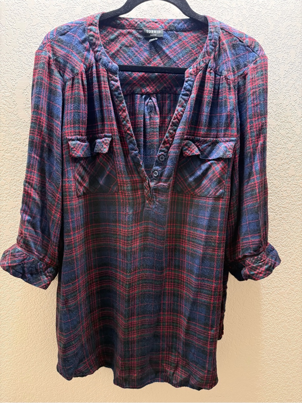 torrid Navy and Red Plaid Henley Tunic